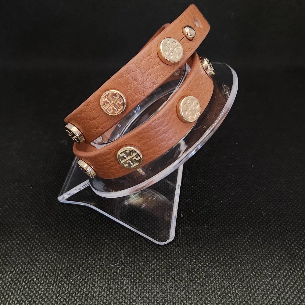 Tory Burch Double Wrap Logo Stud Bracelet Caramel Brown Leather Gold Tone